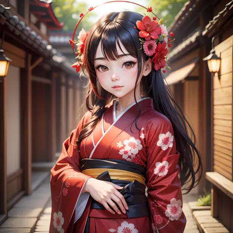 Red higan flower, red, kimono girl, girl, shining light, --auto --s2