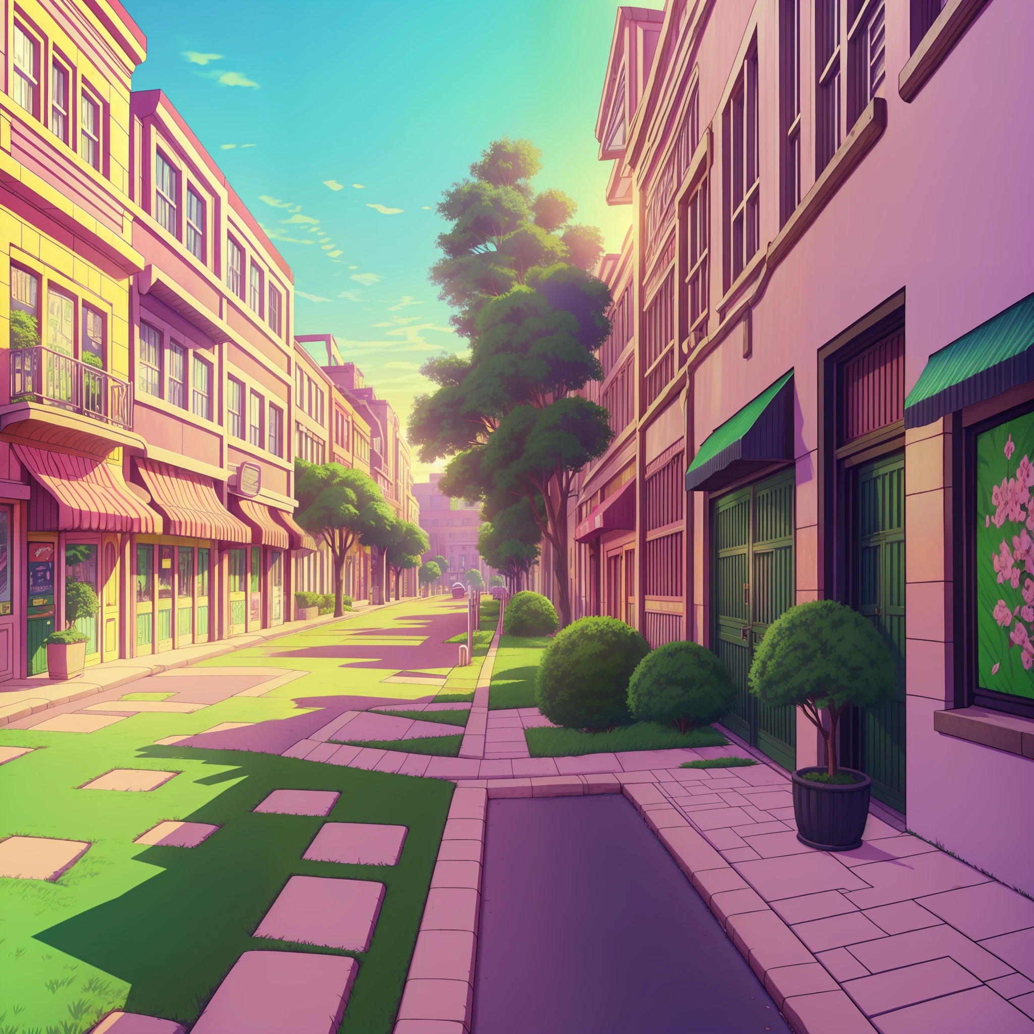一条街道的卡通插图，有粉色大门和绿树, 市中心背景, 城市街景背景, 商场背景, 小镇背景, 背景技术, 背景技术work, 街道背景, 随机背景场景, 2D游戏美术背景, 墙纸!, 城市废墟背景, 高中背景, 动漫风格城市景观, anime 背景技术, 公园背景, 排球场背景