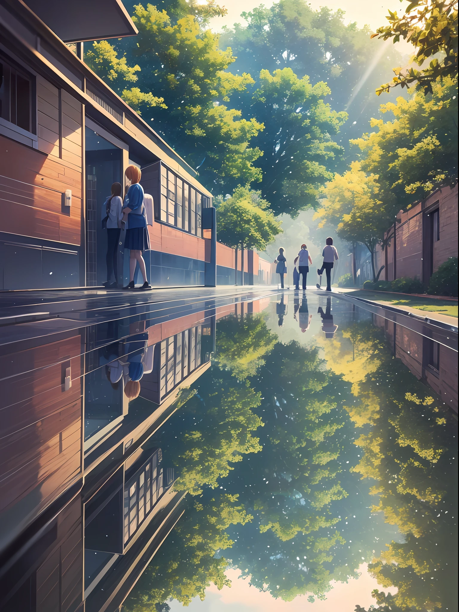 a female and a male, they are two students, wearing school uniform, lonely, rainny, around school, trees are beside the road, poddle of water reflectiing these two people, reflecting, a rainbow is on the sky, polar opposites, symmetry, panorama, perspective, ray tracing, reflection light, depth of field, close-up, masterpiece, best quality, high details, high quality, textured skin, ccurate, UHD, HD