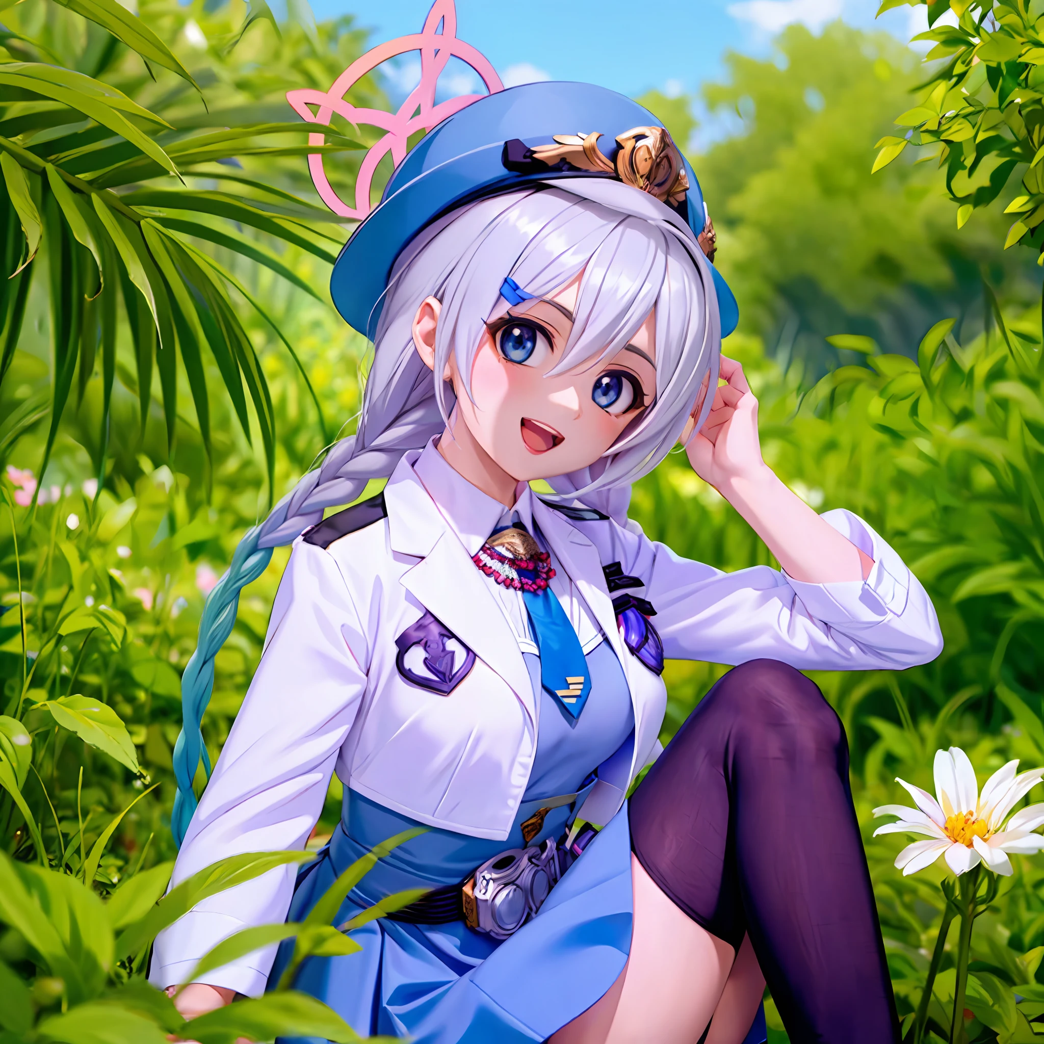 (1girls:1.3), sitting in a field of green plants and flowers, her hand under her chin, wide angle, harem anime official art, perspective, looking ahead, blue eyes, medium breasts, ahoge, hair ornament, twin braids, necktie, halo, bangs, hair between eyes, blue eyes, shirt, skirt, smile, white police uniform, open mouth, hat, blue shirt, (white jacket:1.1), belt pouch, silver hair, black stockings, cute beautiful eyes detailed pupils cute, circle white pupil cute, 35mm f1.4, iso100, raw, high quality, subtle ambient glow, raytracing, global illumination, ultimate quallity