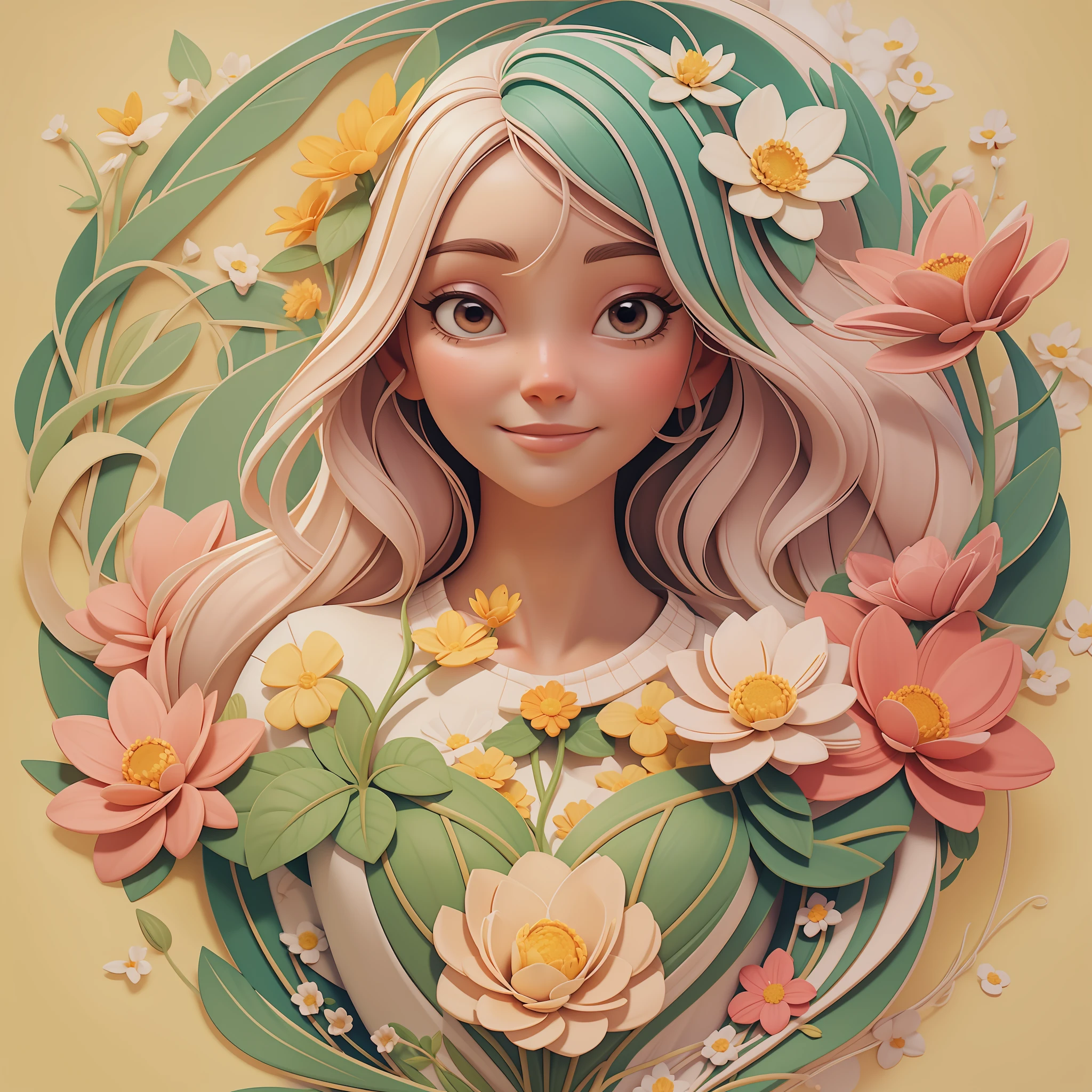 "Inner Flourishing": In this illustration, a character is in the midst of a process of self-discovery and personal growth. She is represented as a flower in full bloom, symbolizing the journey of becoming the best version of herself. This image conveys the message that we all have incredible inner potential that can flourish with care and self-acceptance.