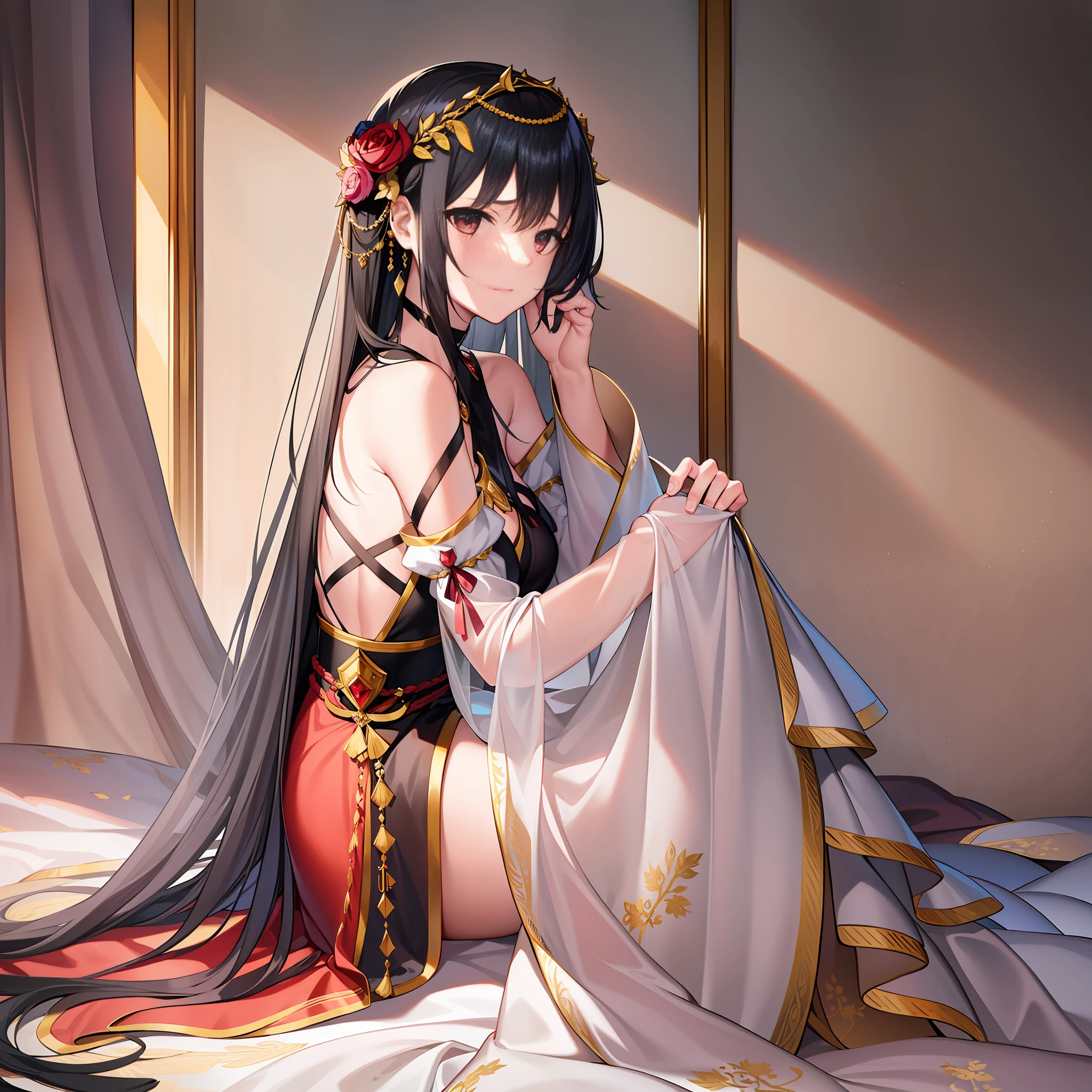 In this quiet bedroom, the black-haired female emperor sitting on the edge of the bed looked shy and feminine.

She wore a gorgeous red long dress, her long black hair was draped over her shoulders, and her pretty face showed a brave and gentle demeanor. She sat on the edge of the bed, her knees gently pressed together, her left hand supporting her chin, and her right hand caressing the hem of her skirt, like a gentle bird.

The whole picture is dominated by light pink and deep red, highlighting the gentleness and beauty of the female emperor. The background is night

Through her expression and body language, this female emperor shows a shy and gentle temperament. Her eyes spread a kind of clarity and softness, as if giving people a sense of courage and comfort. Her body language does not hide her shyness, which is a delicate and feminine expression.

The whole picture conveys a gentle and idyllic atmosphere. The side face of the female emperor is like a silent picture scroll, making people feel the beauty and emotion of this moment. It is an undisguised tenderness and vulnerability, a treasure that makes people feel emotion, and also shows the tenacity and courage of the female emperor, and her image is even more charming in the combination of softness and perseverance