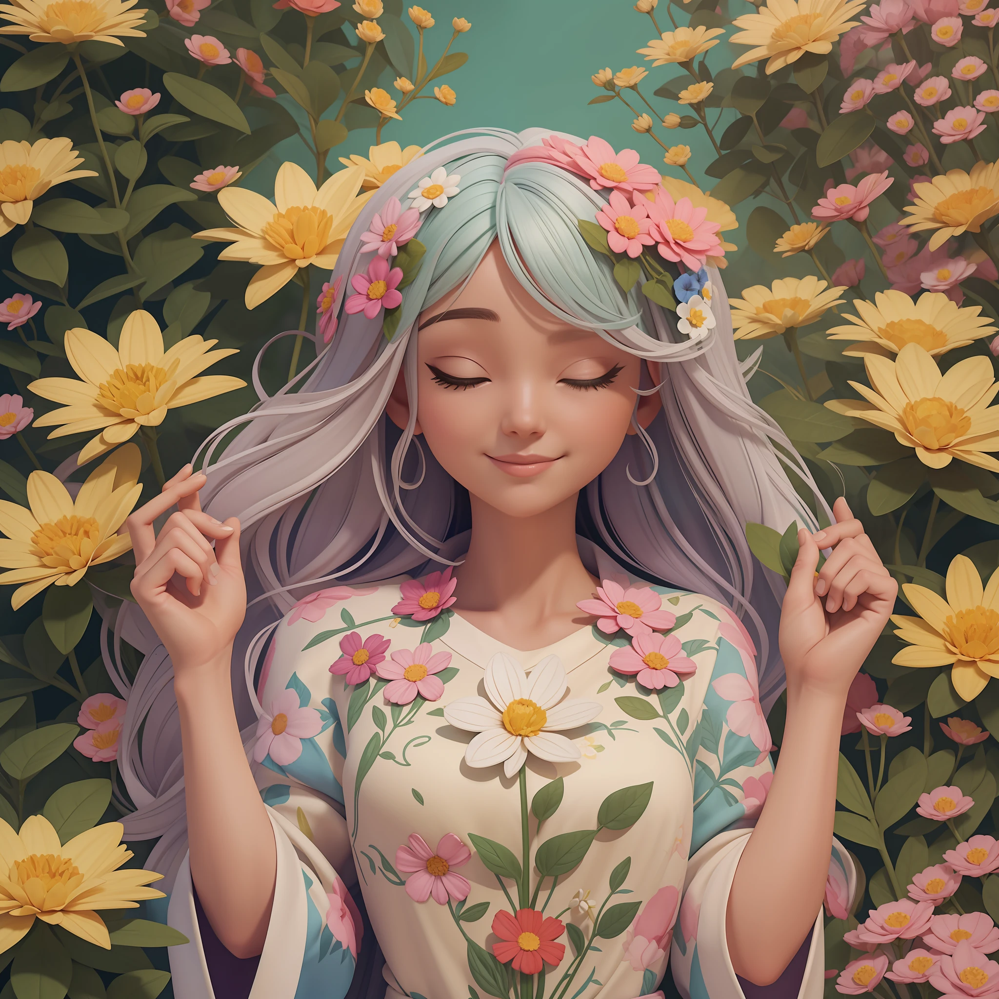 "Inner Flourishing": In this illustration, a character is in the midst of a process of self-discovery and personal growth. She is represented as a flower in full bloom, symbolizing the journey of becoming the best version of herself. This image conveys the message that we all have incredible inner potential that can flourish with care and self-acceptance.