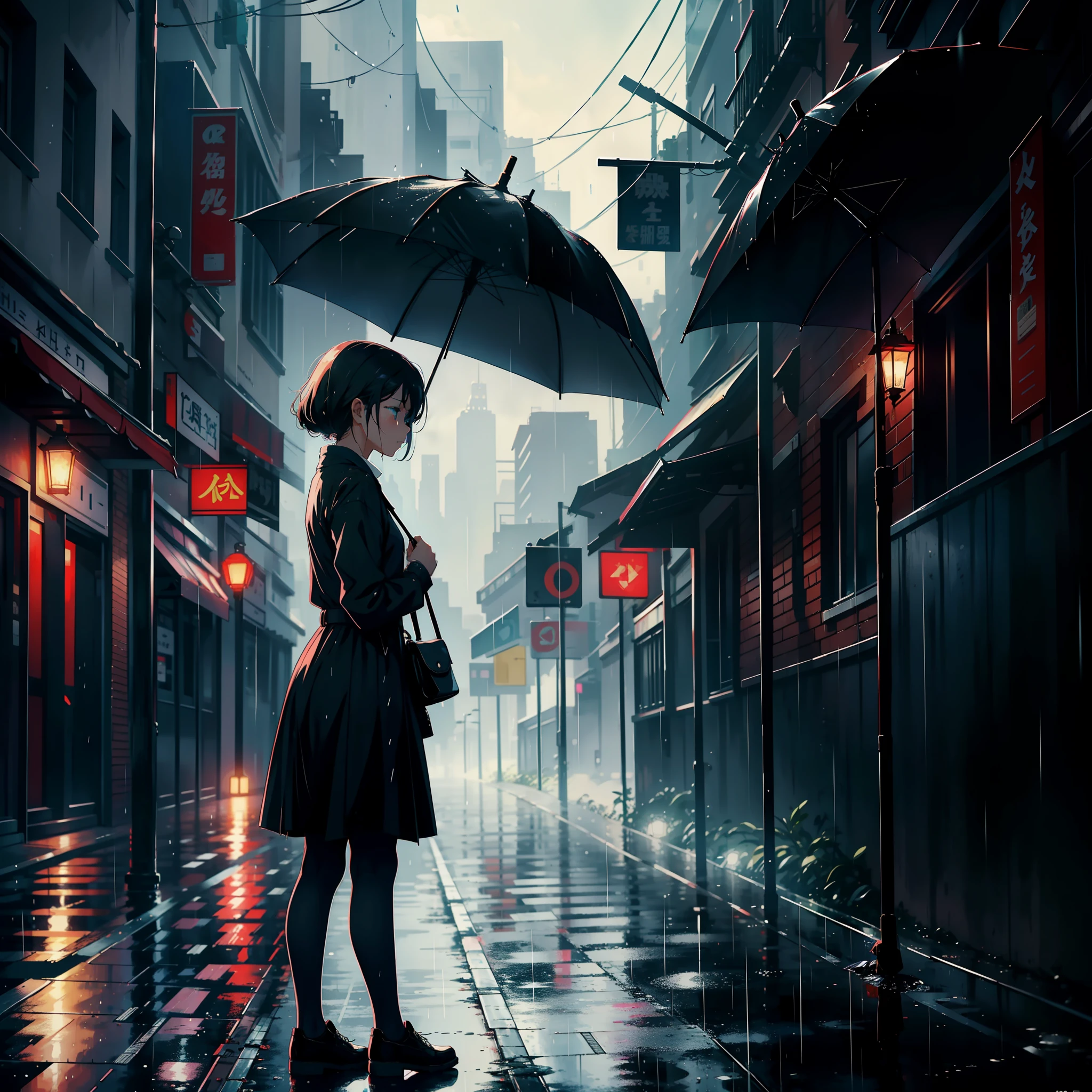 A girl with an umbrella stood by the side of the street, crying, looking sad and raining