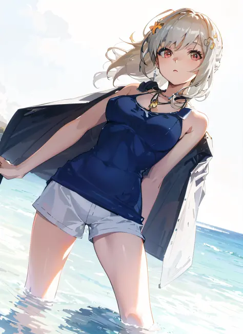 anime girl in blue tank top standing in the ocean with her arms out, kantai collection style, smooth anime cg art, in the beach,...