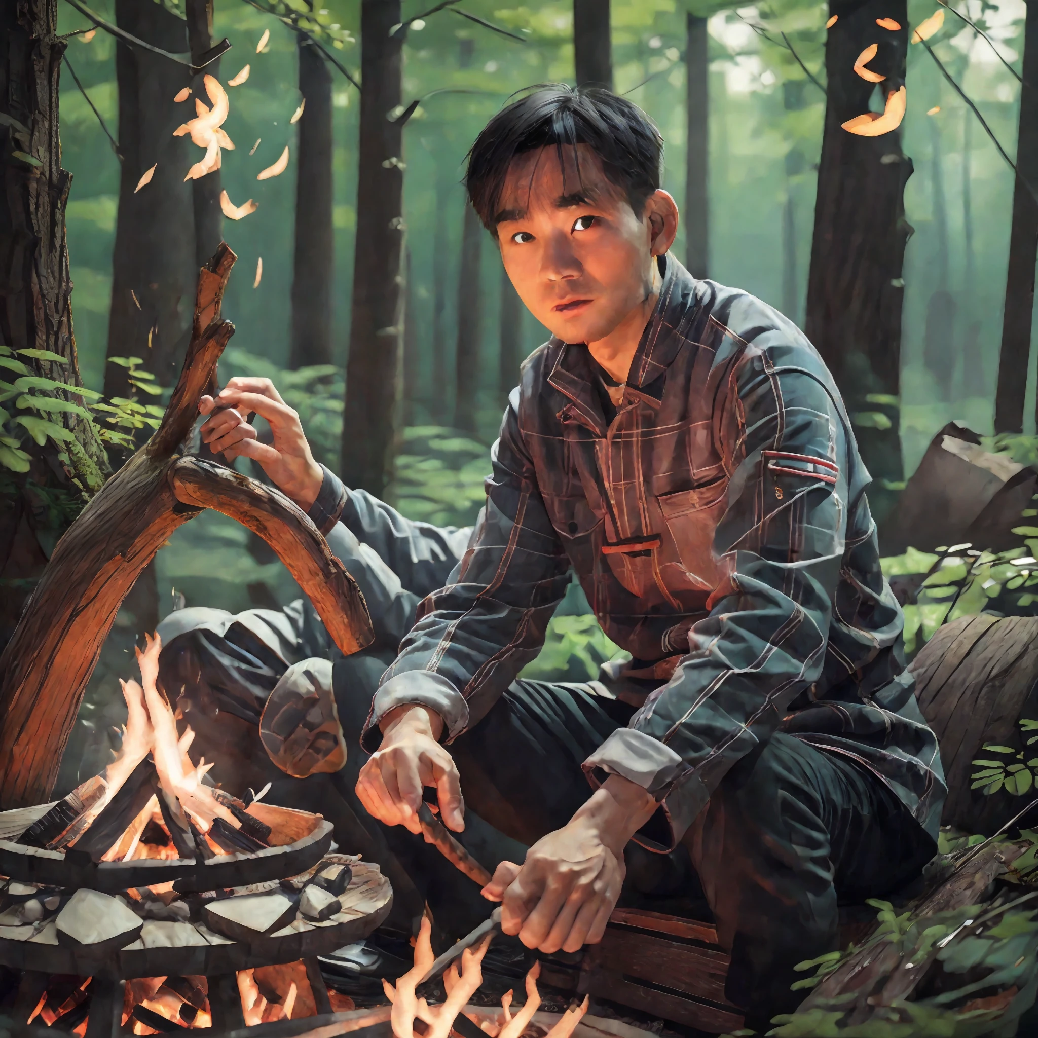 Chinese man sitting in front of a campfire in the woods, portrait of Etienne Dreiset, winner of pexels competition, digital art, 8k art portrait photography, dramatic portrait of Namenlos, portrait shooting 8k, movie portrait, film. Author: Leng Jun, Portrait Shooting, Cinematic Portrait, Environmental Portrait, Dramatic Cinematic Portrait