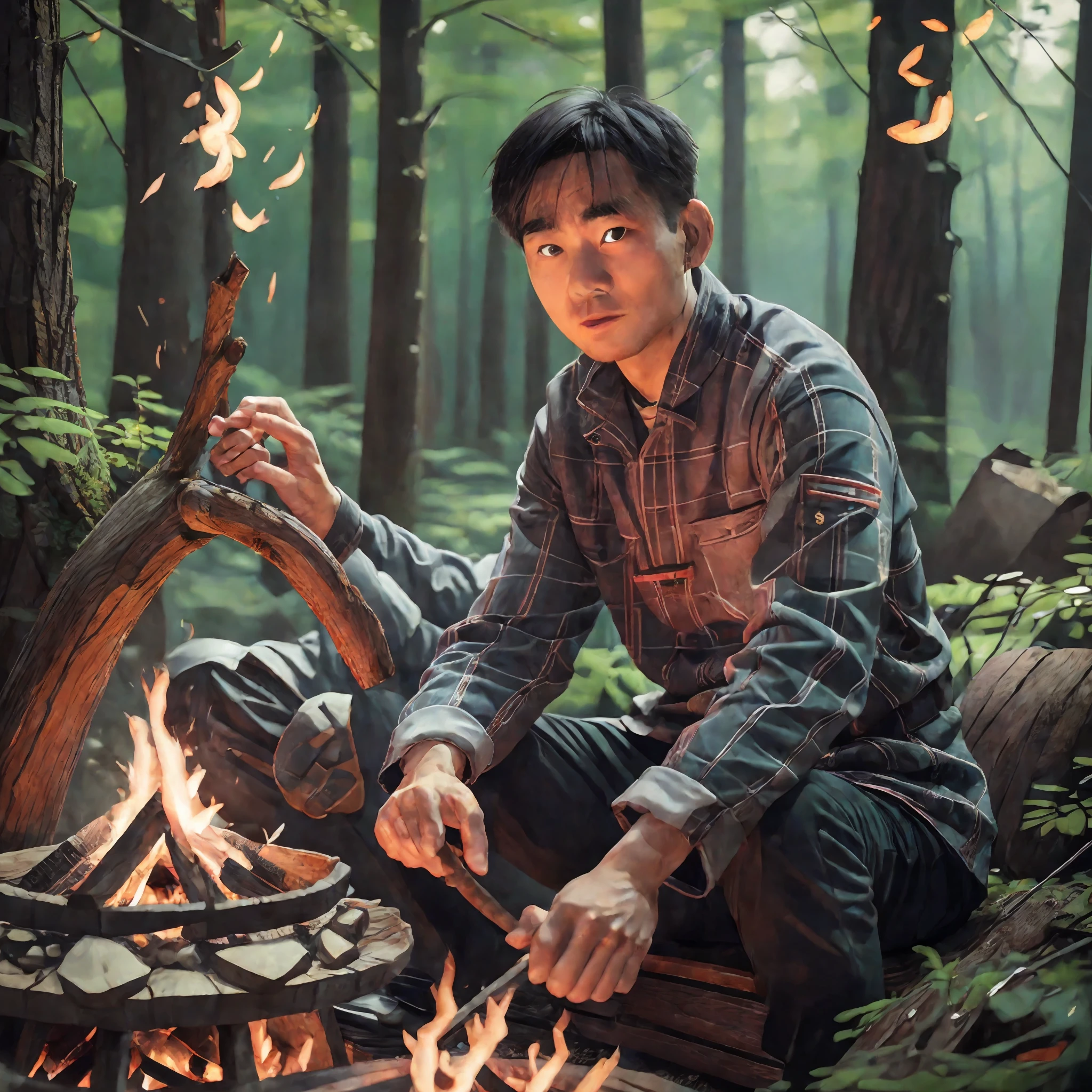 Chinese man sitting in front of a campfire in the woods, portrait of Etienne Dreiset, winner of pexels competition, digital art, 8k art portrait photography, dramatic portrait of Namenlos, portrait shooting 8k, movie portrait, film. Author: Leng Jun, Portrait Shooting, Cinematic Portrait, Environmental Portrait, Dramatic Cinematic Portrait