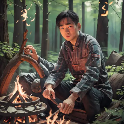 Chinese man sitting in front of a campfire in the woods, portrait of Etienne Dreiset, winner of pexels competition, digital art,...