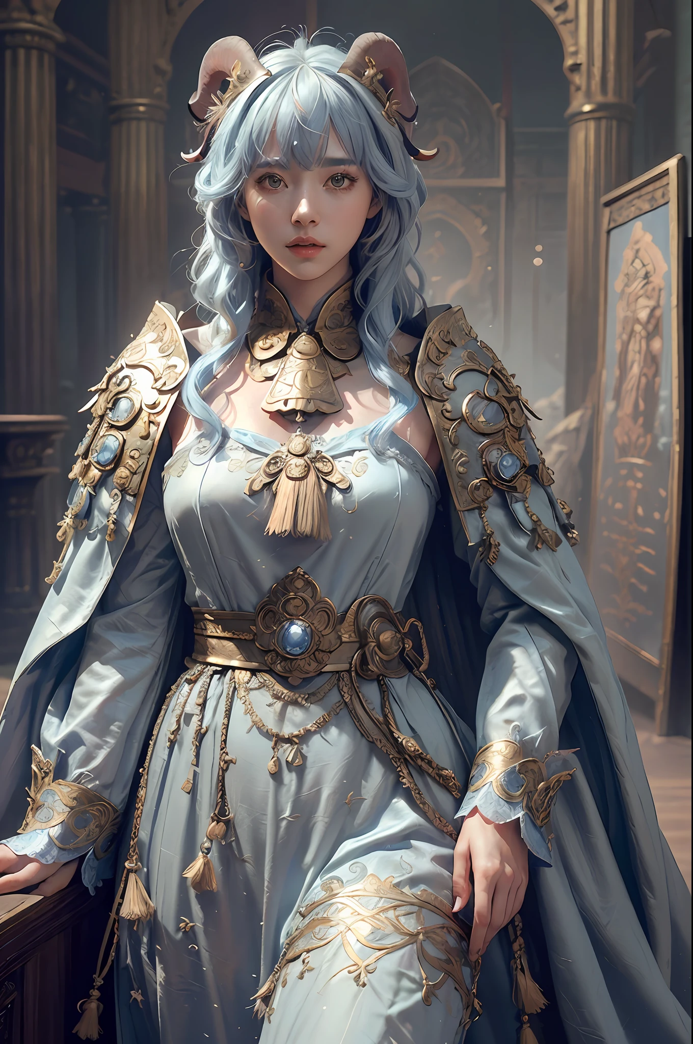 ((Masterpiece))), ((Best Quality))), ((Ultra-detailed)), (Hyper-Real), (Highly Detailed CG Illustration), Cinematic Light, Realistic, (Ganyu), Very Beautiful Young Lady, Horns, Bells on the Chest, (Beautiful Face and Lips), Light Makeup, Intricate Details EBA, Light Blue Hair, Blue Cloak, Popular on ArtStation,