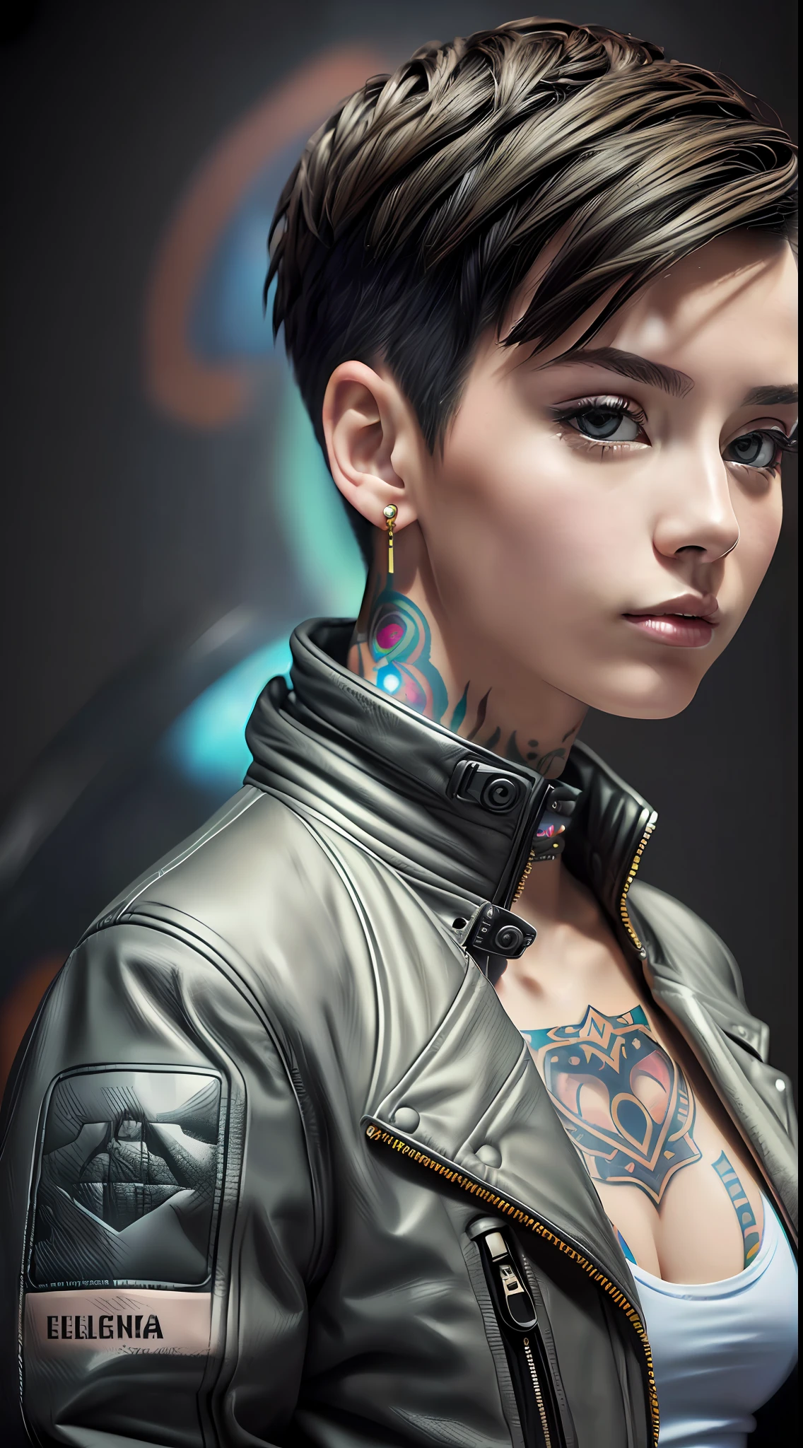 realistic,photo,35mm,cinematic(1woman with super puffer balenciaga jacket with short hair,neck tattoos)colorful background graphite,ultra sharp