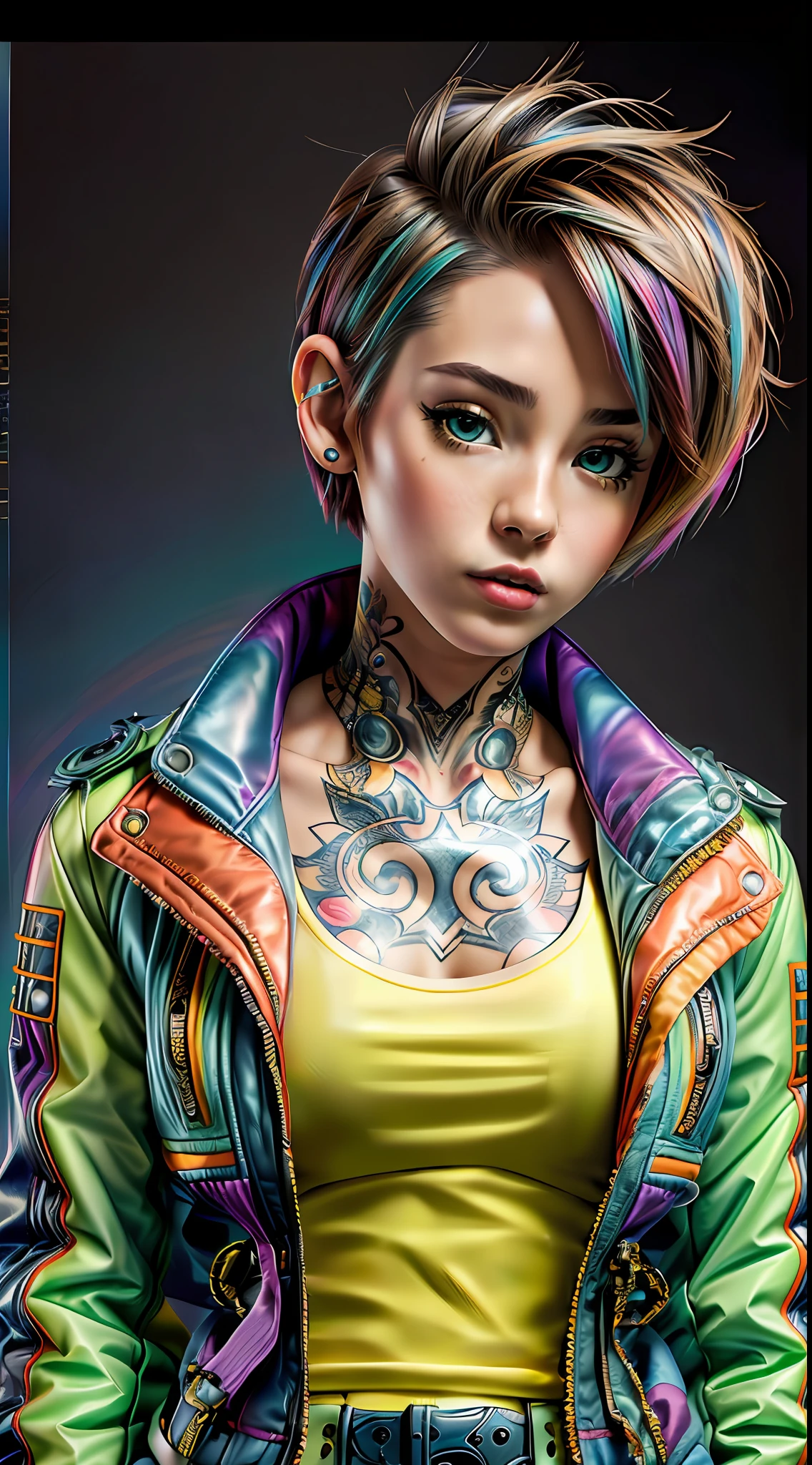 реалистичный,Фото,35 мм,Кинематографический(1 женщина в суперпуховой куртке Balenciaga с короткими волосами,татуировки на шее)красочный фон графит,ультра острый