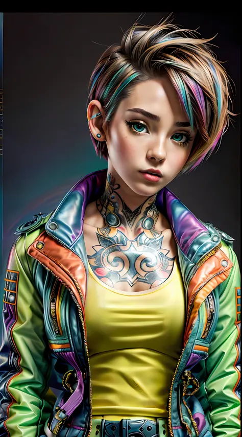 realistic,photo,35mm,cinematic(1woman with super puffer balenciaga jacket with short hair,neck tattoos)colorful background graph...