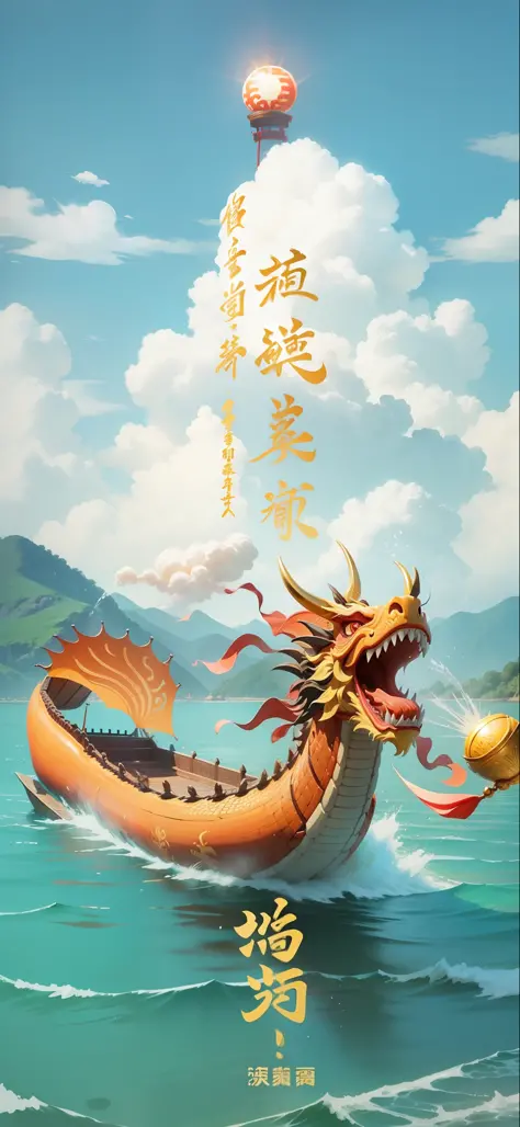 Chinese style, super detailed, dragon boat, water spray, sun, excitement