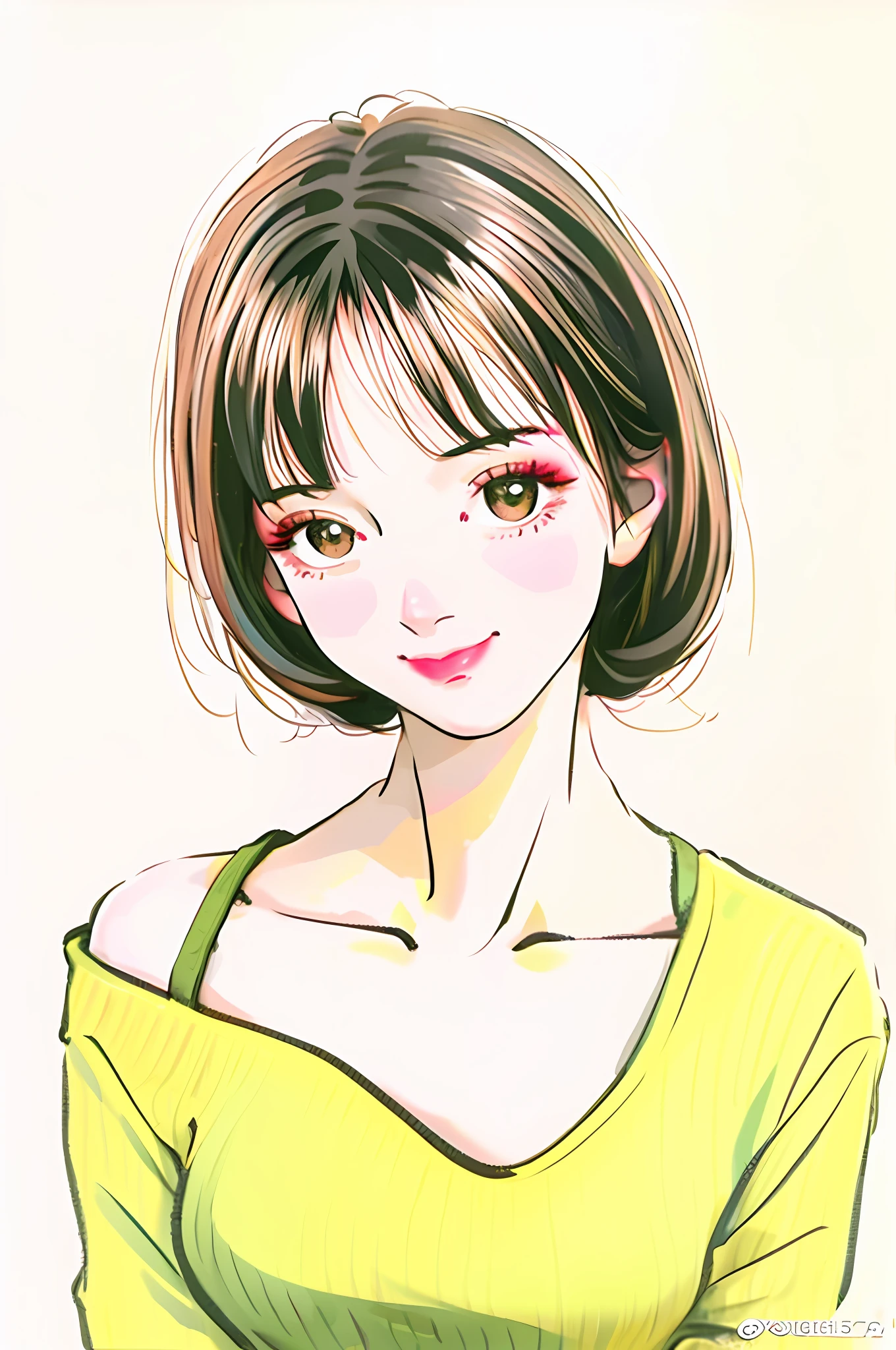 Top Quality, 1girl, Top of head, Bangs, Chest up, Black hair, Forehead, CHCH style, Simple background, Beautiful and striking eyes, Perfect face, Brown eyes, Smiling, Hands on face, Watch Viewer, Yellow-green turtle knit top, off-shoulder, Solo,