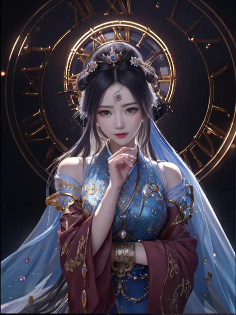 a close up of a woman in a dress with a clock in the background, a beautiful fantasy empress, guweiz, artwork in the style of gu...