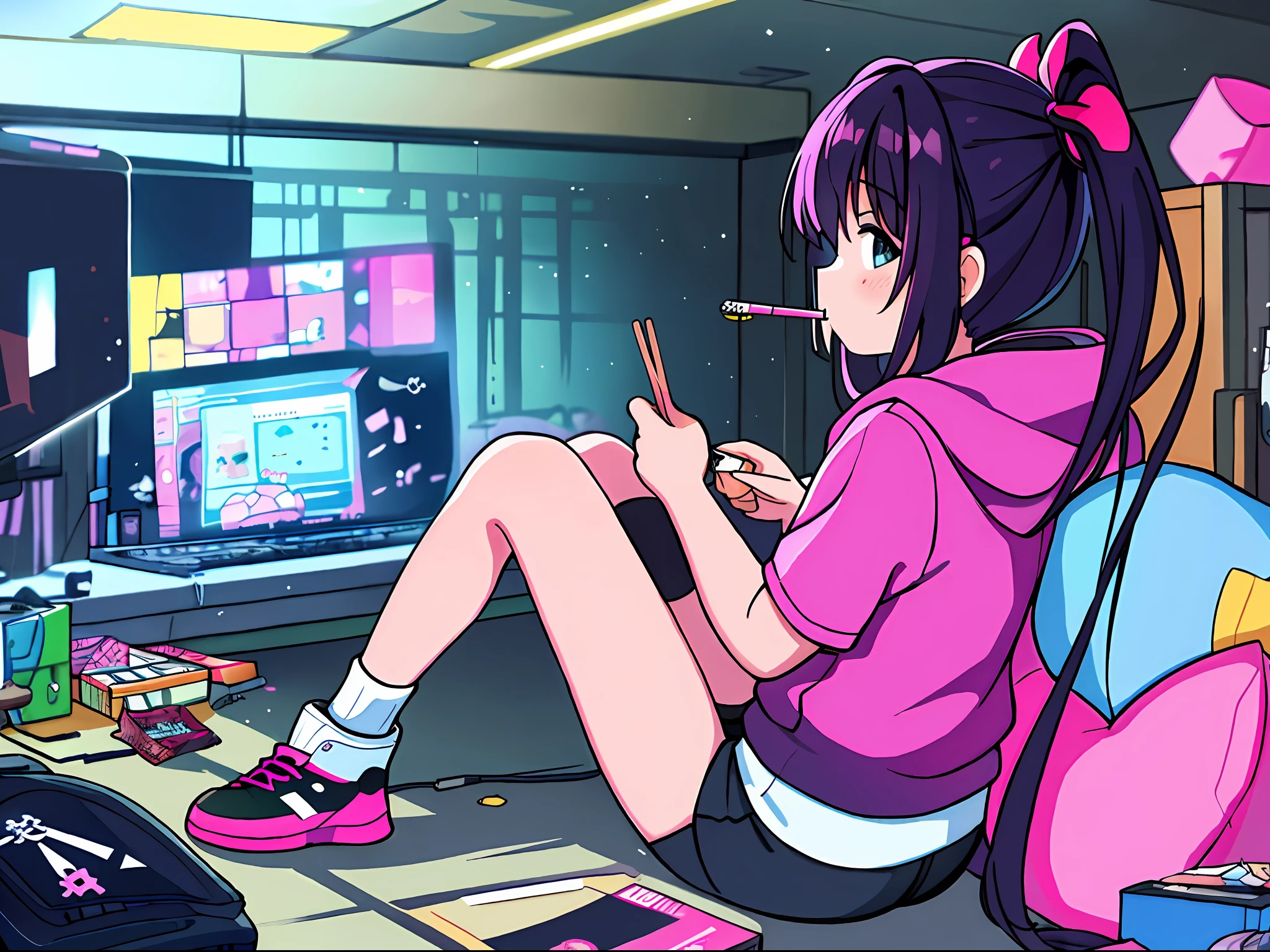 ((masterpiece)), ((best quality)), ((high res)), ((1girl)), ((solo)), incredibly absurdres, hoodie, headphones, neon lighting, blowing bubble gum in mouth, hood up, side view, (full body), matching socks, matching sneakers, pink and black hair, working in her laptop computer, sitting, bean bag cushion seat, widescreen tv monitor, munching on snacks, basement, japanese pocky snacks, cluttered room, video game console, internet, biker shorts