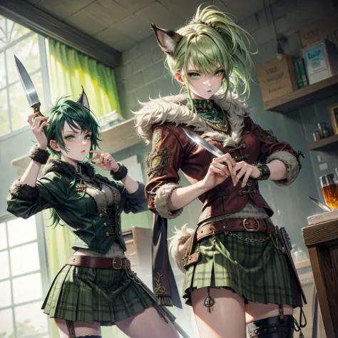 lynx, lovely spotted fur, vivid green eyes, punk style hair, in celtic clothing, kilt, sharpening a knife, masterpiece, best qua...