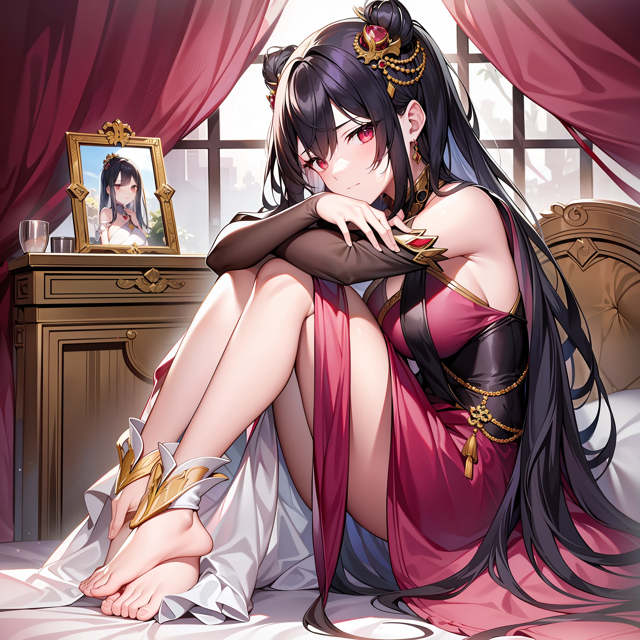 In this quiet bedroom, the black-haired female emperor sitting on the edge of the bed looked shy and feminine. She wore a gorgeous red long dress, her long black hair was draped over her shoulders, and her pretty face showed a brave and gentle demeanor. She sat on the edge of the bed, her knees gently pressed together, her left hand supporting her chin, and her right hand caressing the hem of her skirt, like a gentle bird. The whole picture is dominated by light pink and deep red, highlighting the gentleness and beauty of the female emperor. The background is night The female emperor shows a shy and gentle temperament through her expressions and body language. Her eyes spread a kind of clarity and softness, as if giving people a sense of courage and comfort. Her body language does not hide her shyness, which is a delicate and feminine expression. The whole picture conveys a gentle and idyllic atmosphere. The side face of the female emperor is like a silent picture scroll, making people feel the beauty and emotion of this moment. It is an undisguised tenderness and vulnerability, a treasure that makes people feel emotion, and also shows the tenacity and courage of the female emperor, and her image is even more charming in the combination of softness and perseverance