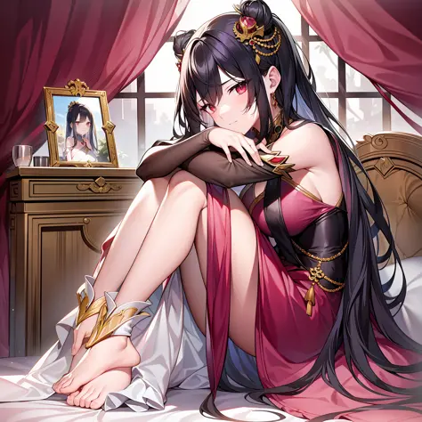 In this quiet bedroom, the black-haired female emperor sitting on the edge of the bed looked shy and feminine. She wore a gorgeo...