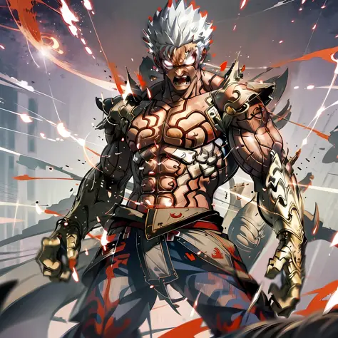 Anime boy,Asura,white hair,short spiky hair,wearing white outfit,makrings all over the body,red Aura, muscular athletic body,angry face,mantra,highest quality digital art, Stunning art, wallpaper 4k,8k,64k, HD, unparalleled masterpiece, dynamic lighting, c...