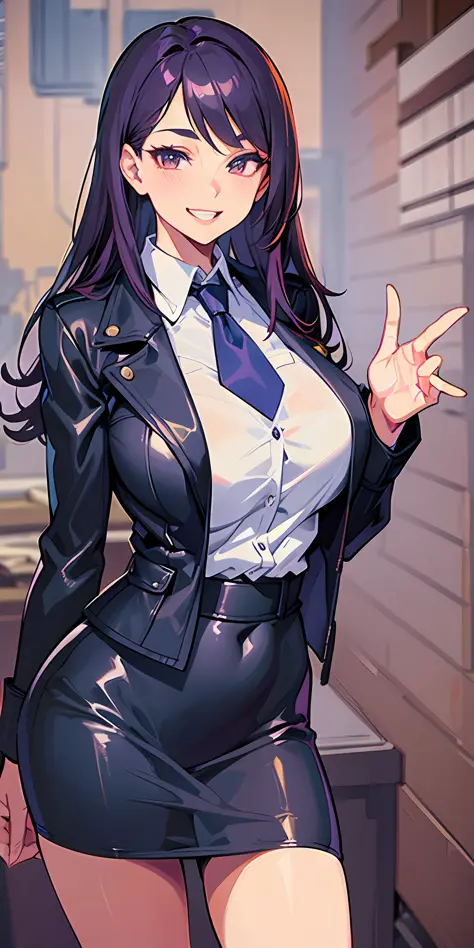 (Masterpiece: 1.6, Best Quality), (Fine and Beautiful Eyes: 1.2), (Overhead), High Quality, Beautiful Face, 1girl, Leather Tight Skirt, Extra Large Leather Jacket, Big Tits, Long Hair, Wide Hips, (Landscaped), Street, Background, Detail Background, Spooky ...