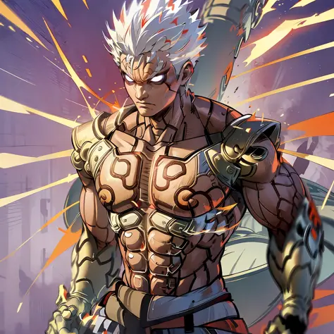 Anime boy,Asura,white hair,short spiky hair,wearing white outfit,makrings all over the body,red Aura, destroyed ground,red outlines on the body, perfect hands,close up shot, muscular athletic body, serious face,mantra,highest quality digital art, Stunning ...