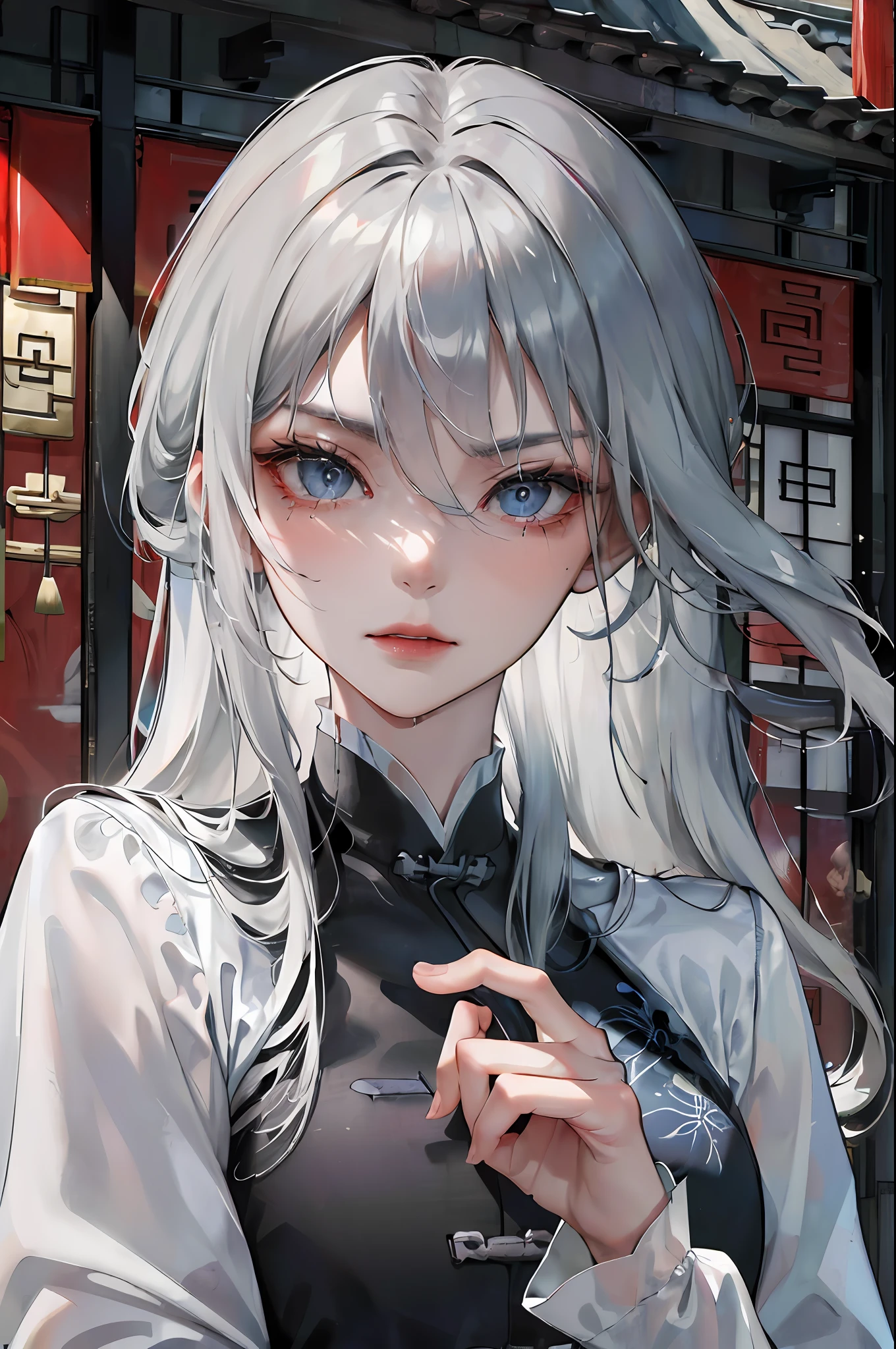 (Masterpiece, Excellent), Night, Rainy Day, (Chinese Style, Ancient China), Mature Woman, Silver-White Long-Haired Woman, Gray-Blue Eyes, Effeminate, Assassin, Short Knife, White Clothes, Black Clothing Lines, Blood Stains, Blood, Wounds, Delicate Facial Features, Exquisite Facial Features, Cold, Serious, Bangs.