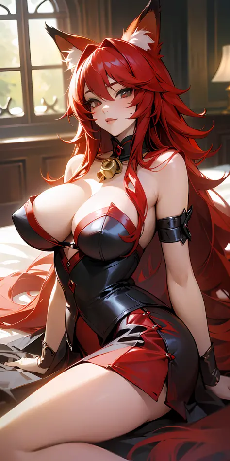 Masterpiece, rias gremory, best quality, 1girl, long hair, (((sexy))), (((realistic))), (((Curvilinear))), eyes bells, crimson red hair, straight hair, wavy hair, beautiful eyes, beautiful detailed brightness, lots of brightness, (((foxy girl red)))), phot...