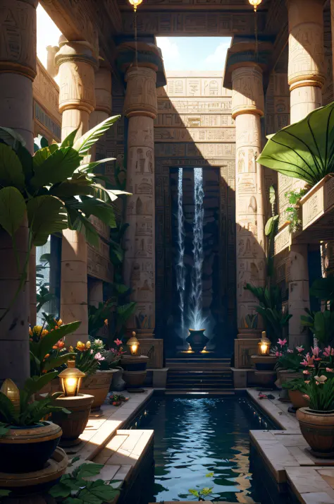 incredible luxurious futuristic interior in Ancient Egyptian style with many (((lush plants))), ((beautiful flowers)), (lotus flowers), ((palm trees)), ((sand)), ((waterfalls)) (marble), clouds and ((water)), (hieroglyphics), (black marble) – with ((beauti...