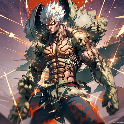 Anime boy,Asura,white hair,short spiky hair,wearing white outfit,makrings all over the body,red Aura, surrounded by lightning, destroyed ground,red outlines on the body, perfect hands,close up shot, muscular body, serious face,mantra,highest quality digita...