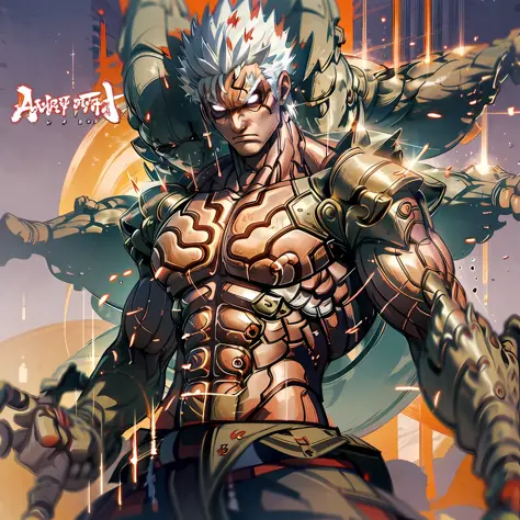 Anime boy,Asura,white hair,short spiky hair,wearing white outfit,makrings all over the body,red Aura, destroyed ground,red outlines on the body, powerful, surrounded by monsters, perfect hands,close up shot, muscular athletic body, serious face,mantra,high...