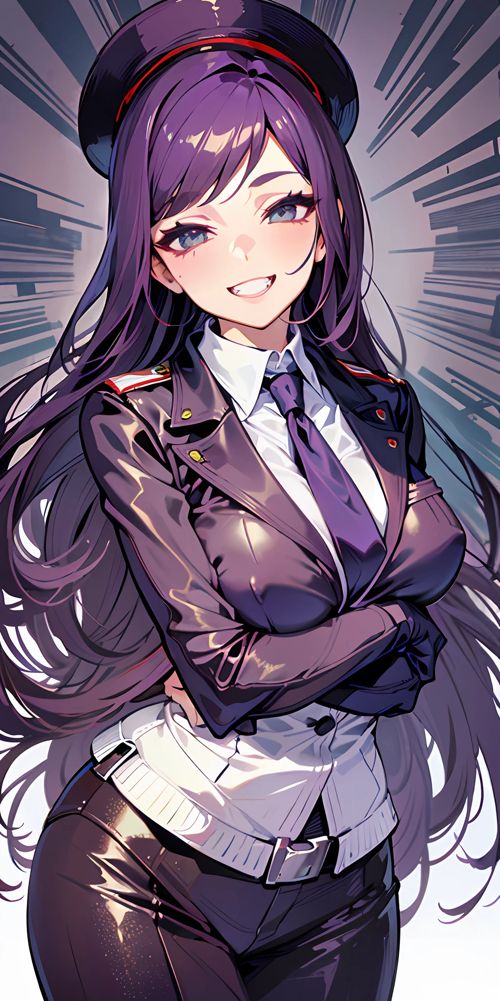 (Masterpiece: 1.6, Best Quality), (Fine and Beautiful Eyes: 1.2), (Overhead), High Quality, Beautiful Face, 1girl, Leather Tight Skirt, Extra Large Leather Jacket, Big , Long Hair, Wide Hips, (Landscaped), Street, Background, Detail Background, Spooky Grin, Angled Laughter at the Corners of Mouth, Long Coat, Shirt, Tie, Office Lady, Mature