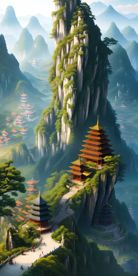 painting of a mountain landscape with a pagoda and a pagoda tower, digital painting of a pagoda, 4k highly detailed digital art, vertical wallpaper, pagodas on hills, 4 k vertical wallpaper, 4k vertical wallpaper, fantasy matte painting，cute, chinese lands...