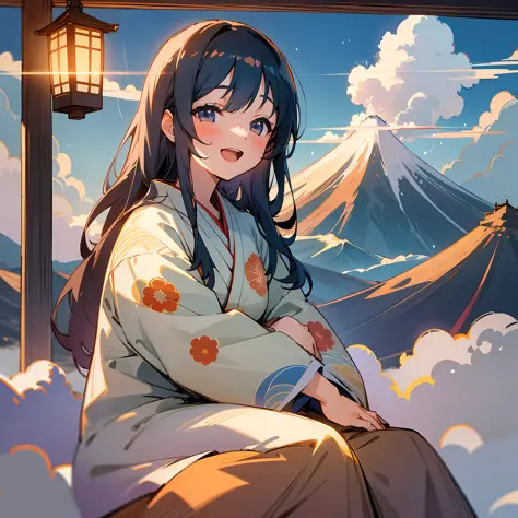 Girl in kimono sitting on clouds with Mount Fuji in background and laughing, clouds, shining light, sea of clouds, soul, myth, rising sun, rising sun, Mount Fuji, girl, --auto --s2