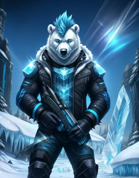 Polar Bear, male, white-blue fur, spiked ice-blue mohawk, ice blue punk clothing, a icy wind blowing all around him, snow shards, sparkles of shimmering snow, masterpiece, best quality, ((In Cryopunk style))