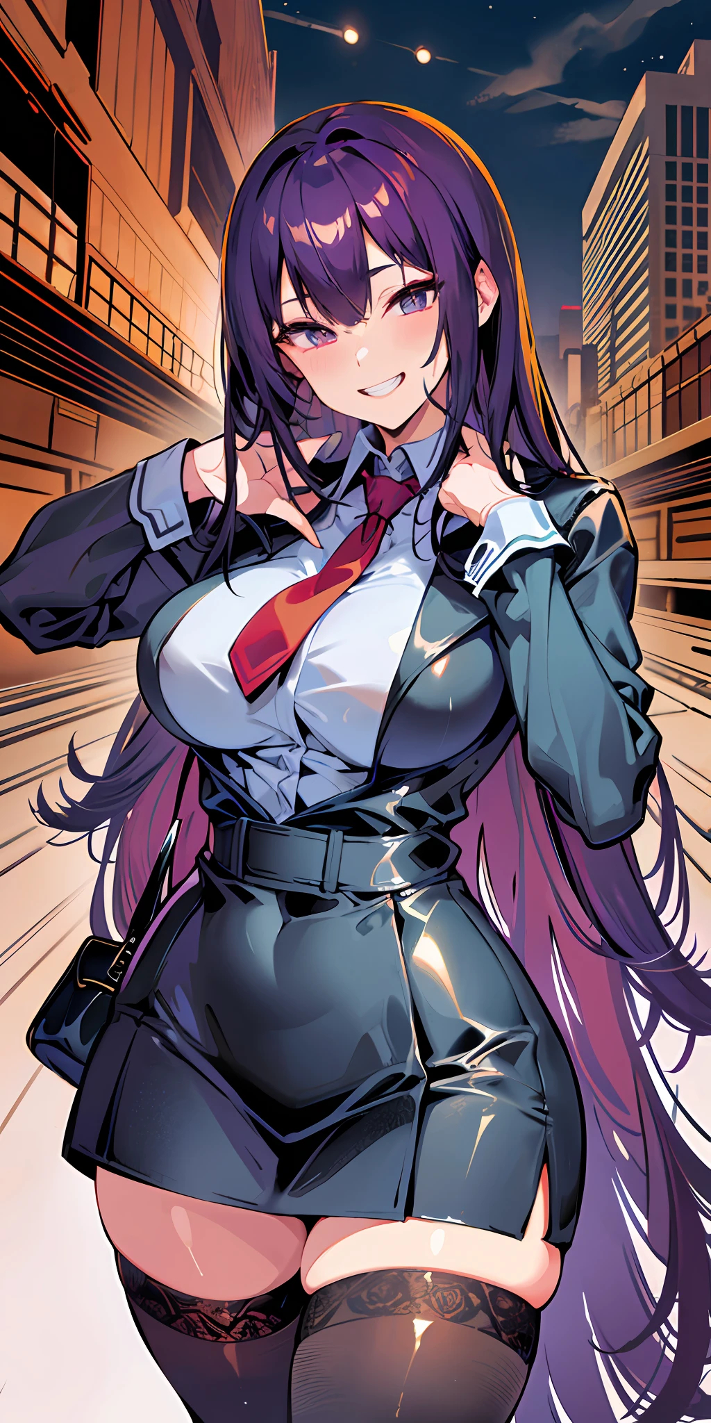 (Masterpiece: 1.6, Best Quality), (Fine and Beautiful Eyes: 1.2), (Overhead), High Quality, Beautiful Face, 1girl, Leather Tight Skirt, Extra Large Leather Jacket, Big , Long Hair, Wide Hips, (Landscaped), Street, Background, Detail Background, Spooky Grin, Angled Laughter at the Corners of Mouth, Long Coat, Shirt, Tie, Office Lady, Mature