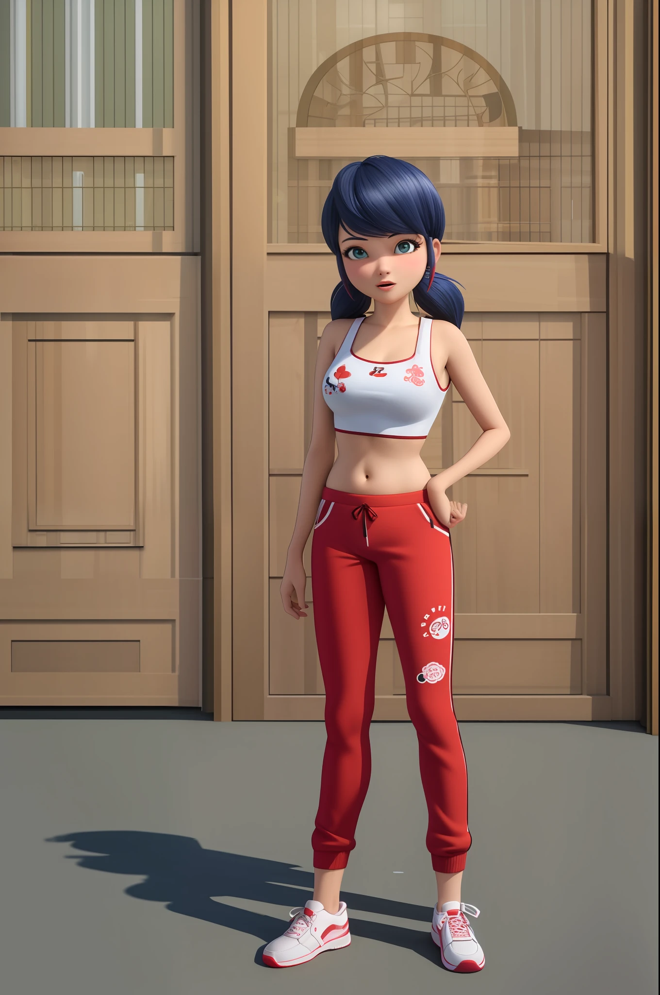 Cartoon girl in red pants and white top standing in front of a door -  SeaArt AI