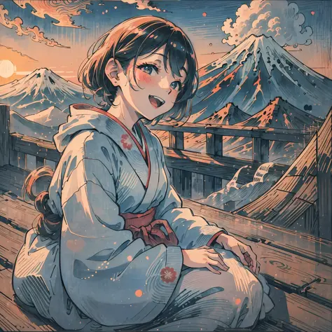 Little girl in kimono sitting and laughing on clouds with Mount Fuji in background, clouds, shining light, sea of clouds, soul, myth, rising sun, rising sun, mt. Fuji, girl, cute, ukiyo-e --auto --s2