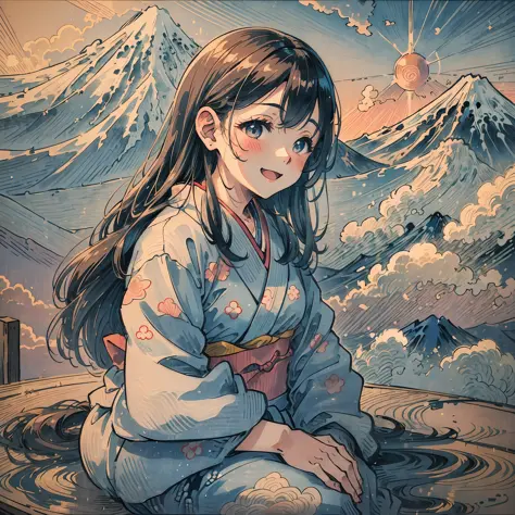 Little girl in kimono sitting and laughing on clouds with Mount Fuji in background, clouds, shining light, sea of clouds, soul, myth, rising sun, rising sun, mt. Fuji, girl, cute, ukiyo-e --auto --s2