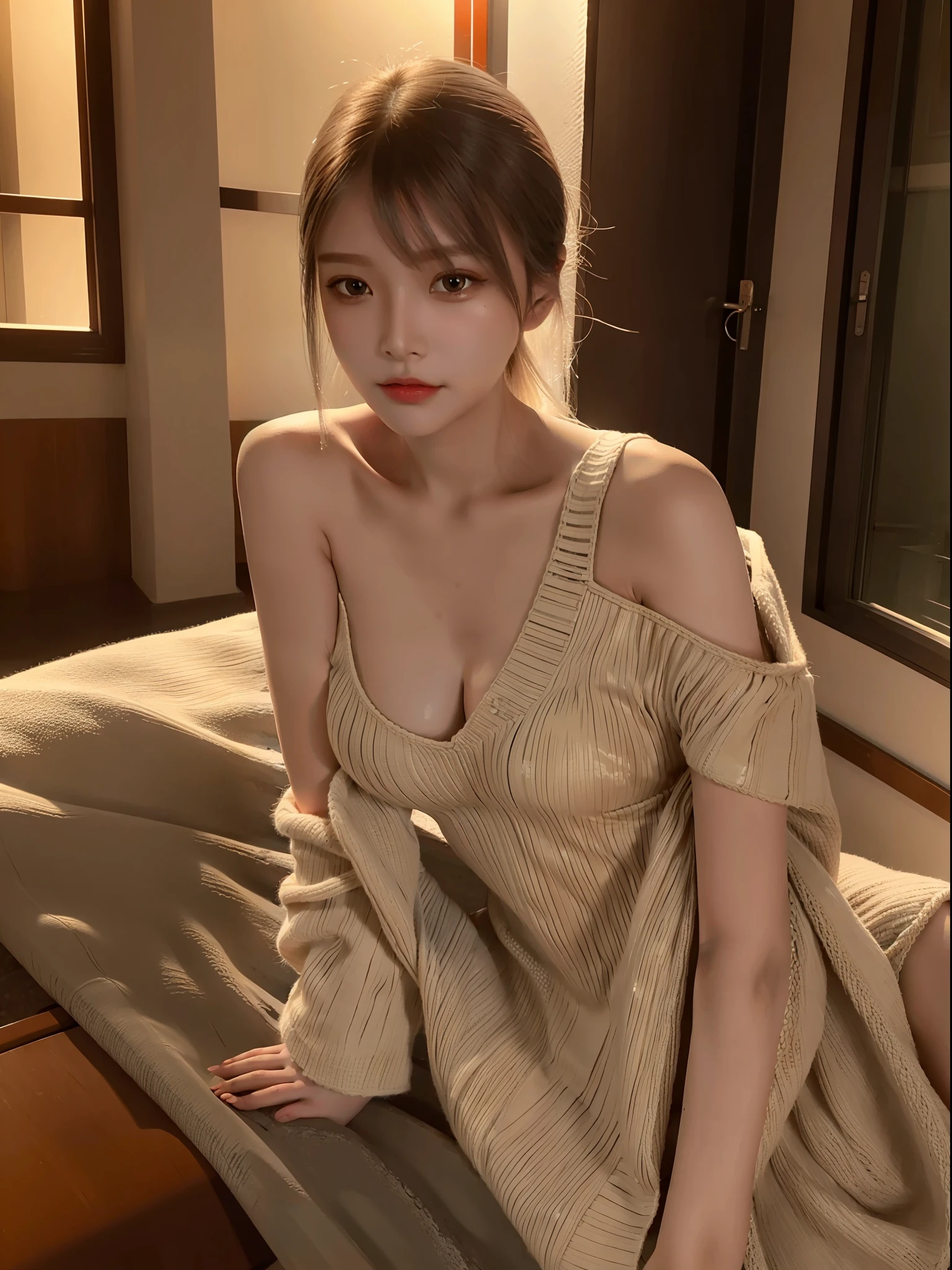 1 girl, bare shoulder, faint smile, shiny skin Best quality, masterpiece, (Realistic: 1.4), knitted watermark, large, dark, night, orange Pale lighting, shadow, shadow, low light