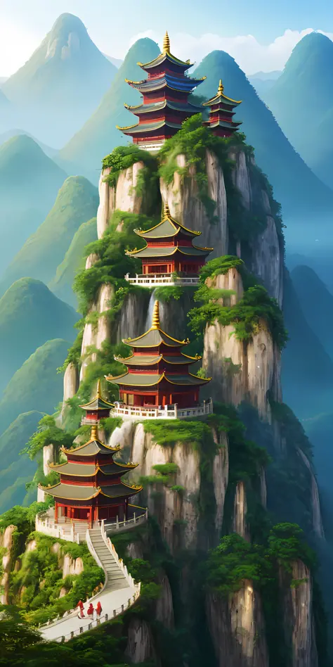 Staircase, digital painting of the pagoda, pagoda on the hill. landscape background, floating mountain, dojo on the mountain, illustrated matte painting, high quality matte painting, chinese fantasy, chinese architecture, ancient chinese architecture