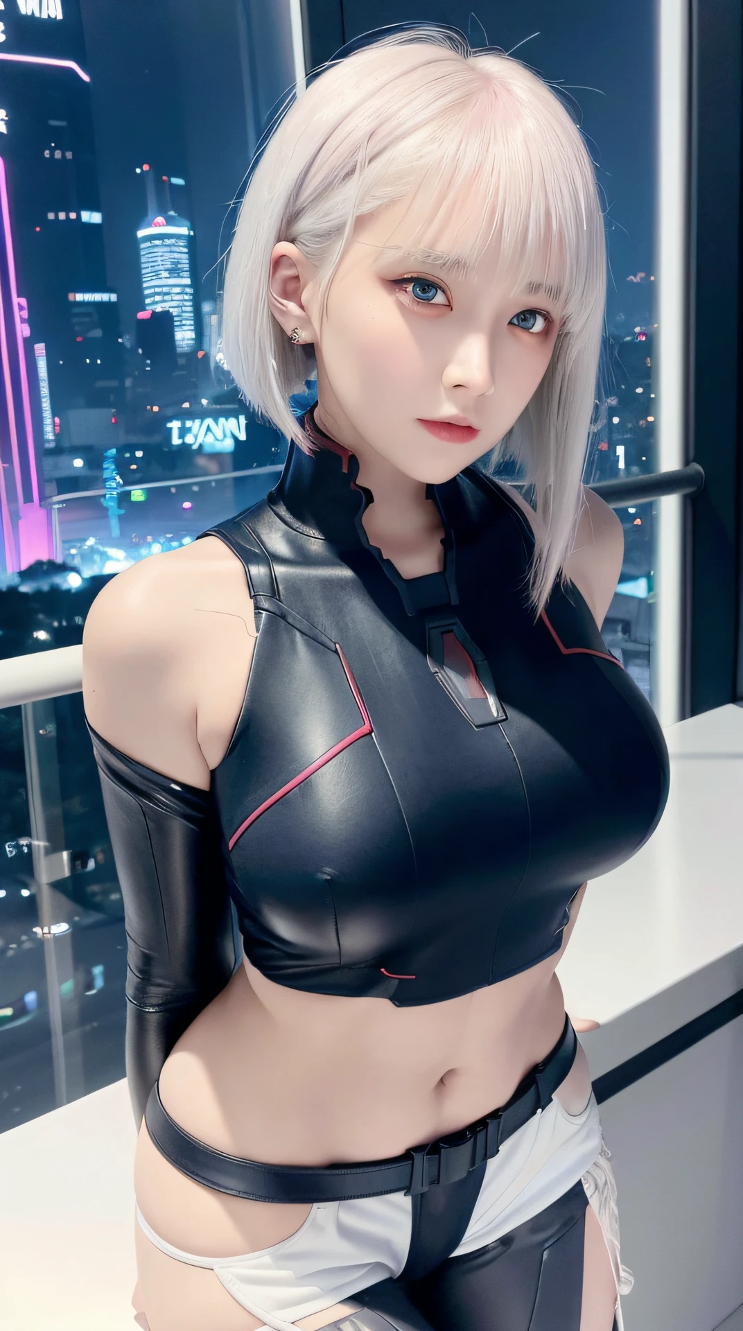Corner lens, sci-fi city, cybercity masterpiece, delicate beautiful eyes, short hair, asymmetrical white band and blue hair, diamond earrings, volumetric lighting, futuristic, detailed eyes, super detail, high detail, beautiful, tall, indifferent, small details, super detail, detail, realism, complexity, 4k, 8k, popular in the art stage, good anatomy, beautiful lighting, award-winning, photorealism, realistic lighting, beautiful lighting, ray tracing, intricate details,melancholy, masterpiece, (illustration), premium, (very detailed, unified, 8k wallpaper) beautiful face, melon seed face, highly detailed face, super realistic, masterpiece, defocused, very detailed, complex, colorful, bright colors, lucy \ (cyberpunk), 1 girl, beautiful face, melon seed face, highly detailed face, super realistic, masterpiece, defocused, very detailed, complex, colorful, bright colors, various poses, asymmetrical hair, belt, tights, covered navel, split sleeves, gray eyes, hip vents, medium , (open cleavage), various perspectives, stage, camera close-up, bright neon lights behind, bag, short hair, solo, gray hair, wire, shorts, shorts, open jacket, reality, masterpiece, best quality