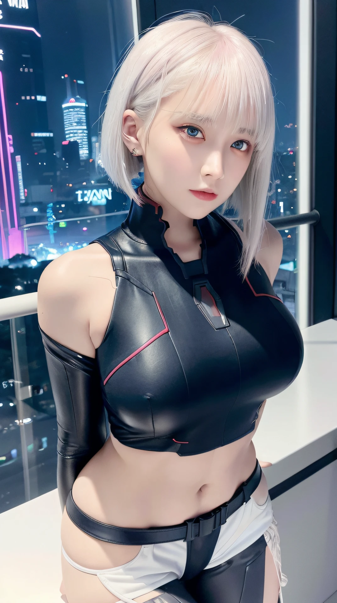 Corner lens, sci-fi city, cybercity masterpiece, delicate beautiful eyes, short hair, asymmetrical white band and blue hair, diamond earrings, volumetric lighting, futuristic, detailed eyes, super detail, high detail, beautiful, tall, indifferent, small details, super detail, detail, realism, complexity, 4k, 8k, popular in the art stage, good anatomy, beautiful lighting, award-winning, photorealism, realistic lighting, beautiful lighting, ray tracing, intricate details,melancholy, masterpiece, (illustration), premium, (very detailed, unified, 8k wallpaper) beautiful face, melon seed face, highly detailed face, super realistic, masterpiece, defocused, very detailed, complex, colorful, bright colors, lucy \ (cyberpunk), 1 girl, beautiful face, melon seed face, highly detailed face, super realistic, masterpiece, defocused, very detailed, complex, colorful, bright colors, various poses, asymmetrical hair, belt, tights, covered navel, split sleeves, gray eyes, hip vents, medium boobs, (open cleavage), various perspectives, stage, camera close-up, bright neon lights behind, bag, short hair, solo, gray hair, wire, shorts, shorts, open jacket, reality, masterpiece, best quality