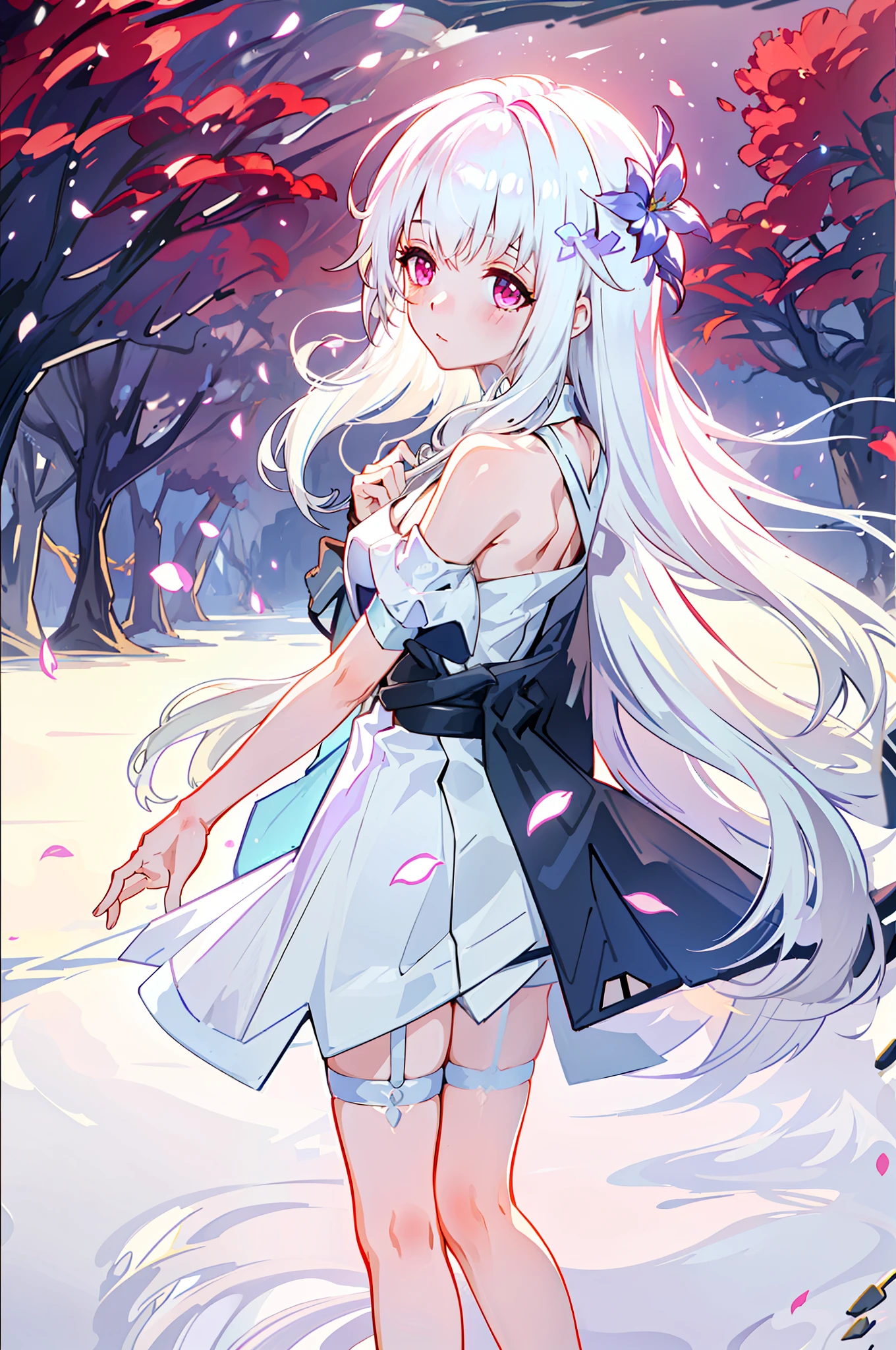 (Highest picture quality), (Master's work),(Detailed eyes description),(Detailed face description)(back view), 1girl,purple eyes, white hair,(very long hair),very long hair (floating in the wind), back-view, looking back, hair ornament, flower hair ornament. head band, ribbon, white lingerie, garter belt, slight exposed navel, visible shoulders, blush, pond, petals (lens flare), walking on pond, water reflection, pond, cleavage, medium breast, aurora sky, night sky, galaxy sky, horizon, mountains, forest, moon, (cover-style:1.3), fashionable, woman, vibrant, swimwear outfit, posing, front, colorful, dynamic, background, elements, shy, expression, holding, statement, accessory, majestic, coiled, around, touch, scene, attention-grabbing, catchy, modern, trendy, focus, fashion, realistic lighting, extreme blushing