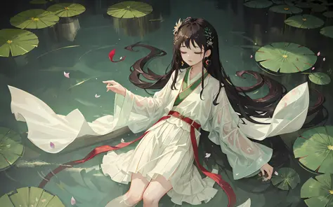 dark green hanfu, a woman, cool, fair skin, sea of flowers, pond, petals floating on the water, lily, clavicle, eyes closed, hal...