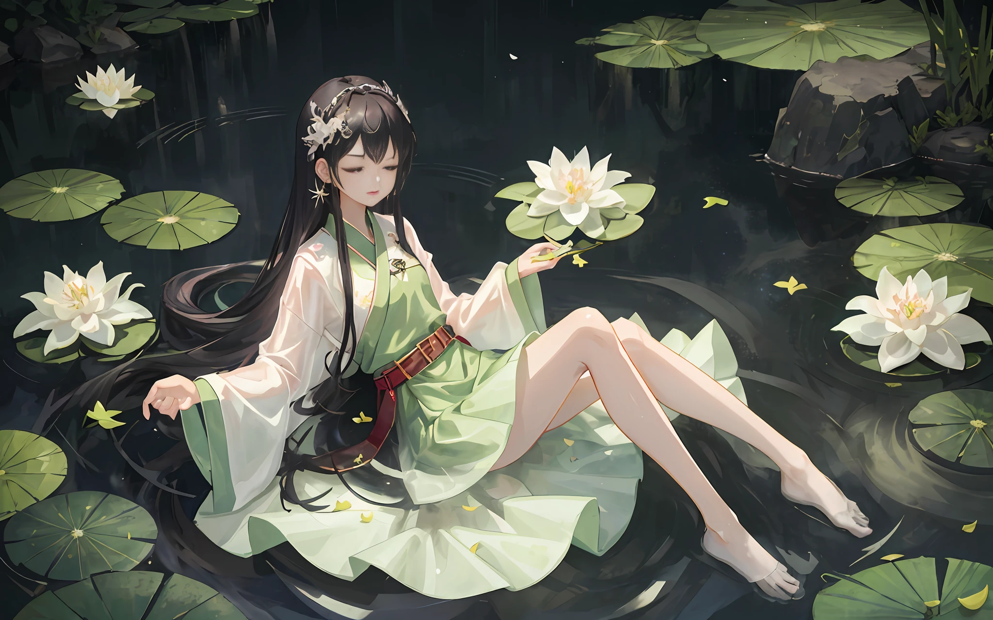 Dark green Hanfu, a woman, cool, fair skin, sea of flowers, pond, petals floating on the water, lily, clavicle, eyes closed, half submerged in water, dark background, moonlight, hairpin, jade pendant, Hanfu, delicate faces, hair accessories, red lips, skirts, belts, jewelry, long hair, earrings, , strands of hair, perfect body proportions, wet, slender legs, bridges,