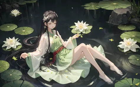 Dark green Hanfu, a woman, cool, fair skin, sea of flowers, pond, petals floating on the water, lily, clavicle, eyes closed, hal...