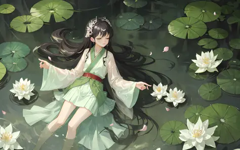 Dark green Hanfu, a woman, cool, fair skin, sea of flowers, pond, petals floating on the water, lily, clavicle, eyes closed, hal...