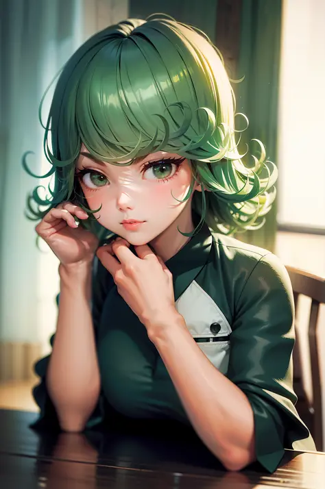 (masterpiece, best quality:1.2), solo, 1girl, tatsumaki, unamused, closed mouth, looking at viewer, hand on our face, sitting, 她...