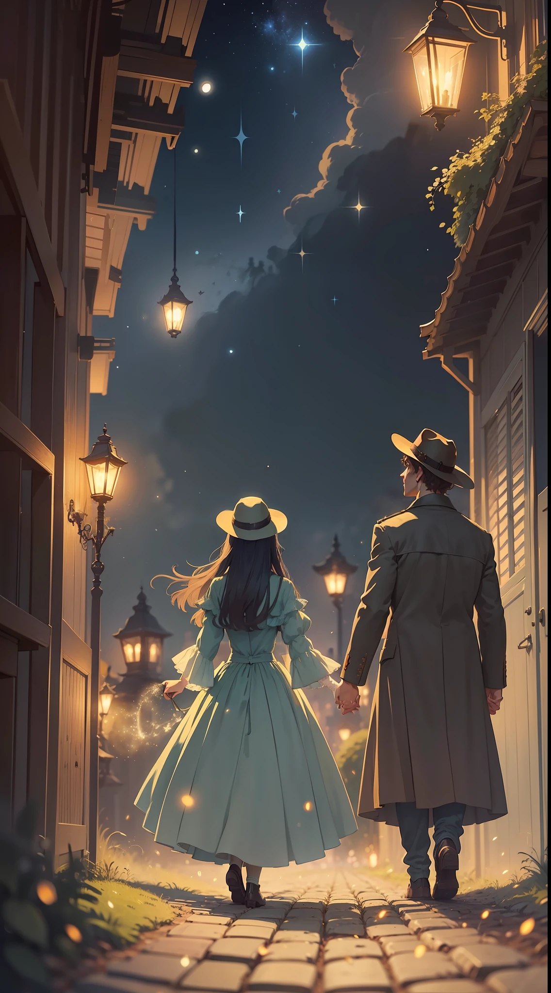 there are two people that are looking at the stars, inspired by Jakub Schikaneder, inspired by Pascale Campion, art concept for a book cover, summer night, torches and fireflies, novel cover art for a book, holding hands in the moonlight, beneath the stars, with stars, fireflies, book cover illustration, looking at the stars